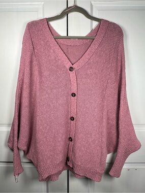 Ruby Moon Rose Pink V-Neck Back Button Knit Sweater Top Dolman Sleeves Sz Small